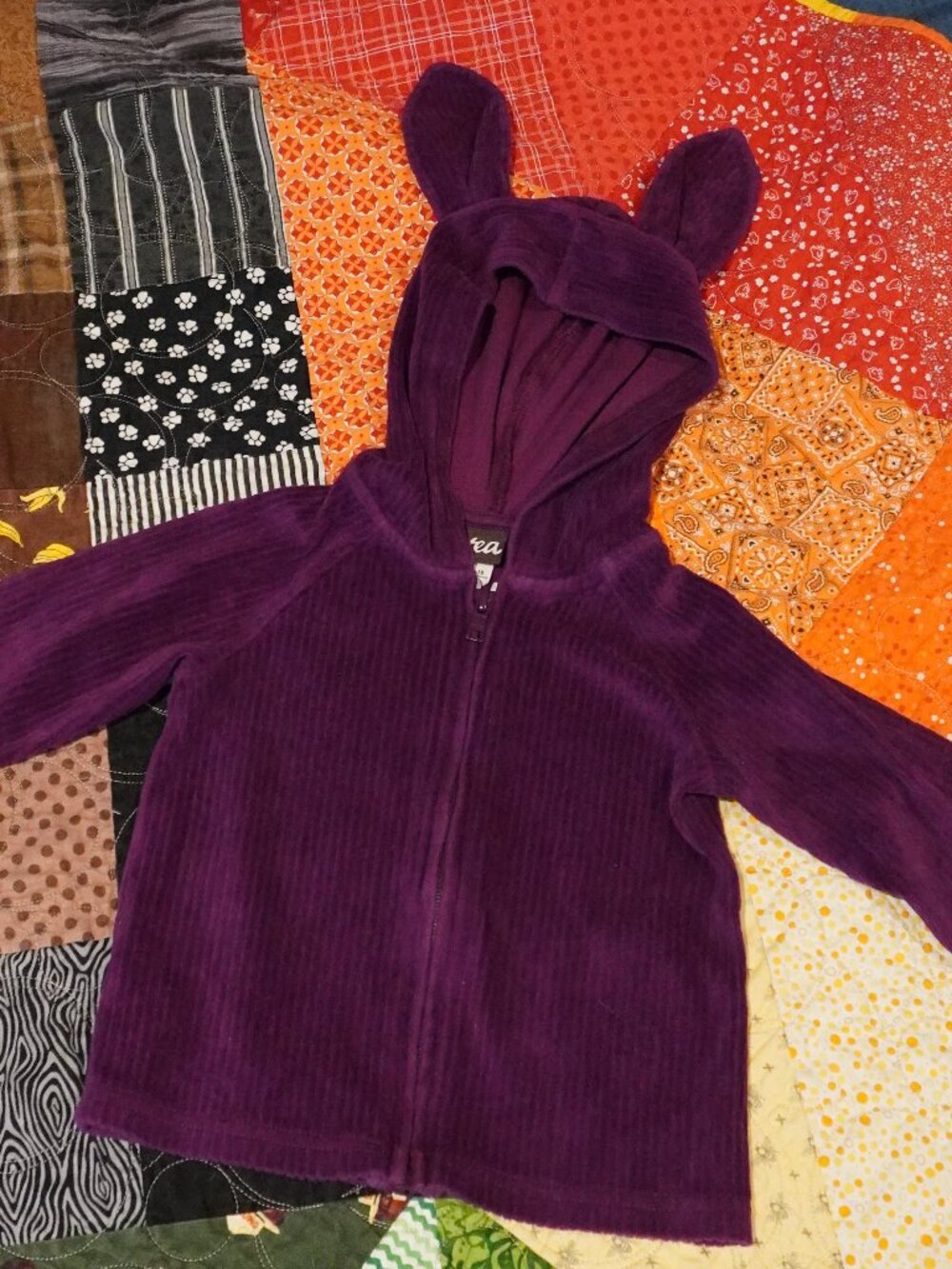 Tea Collection Bunny Ear Jacket 12-18M Velour Ribbed Purple Full Zip